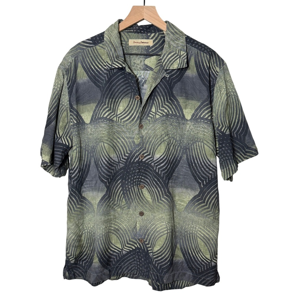 Tommy Bahama Silk Shirt  Green Gray Blue Short Sleeve Button Up Resortwear Beach